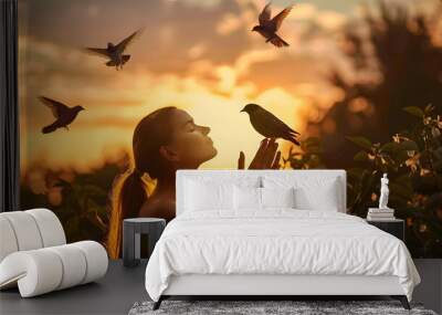 woman praying and free bird and enjoining nature  AI Wall mural